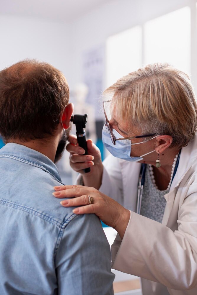 Old ent specialist checks patients ear